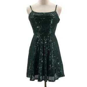 PARTY SZ 2 XS hunter green sequin backless lace up skater mini dress NEW 0B12